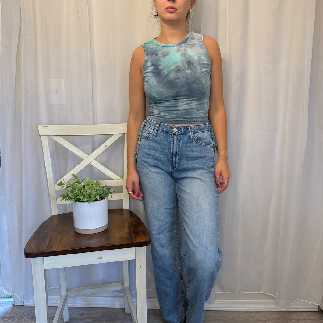 Drawstring Ruched Side Crop Teal & Navy Tank - Small