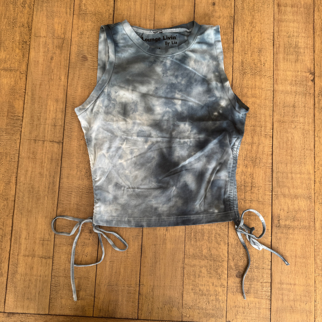 Drawstring Ruched Side Crop NavyTank - Medium