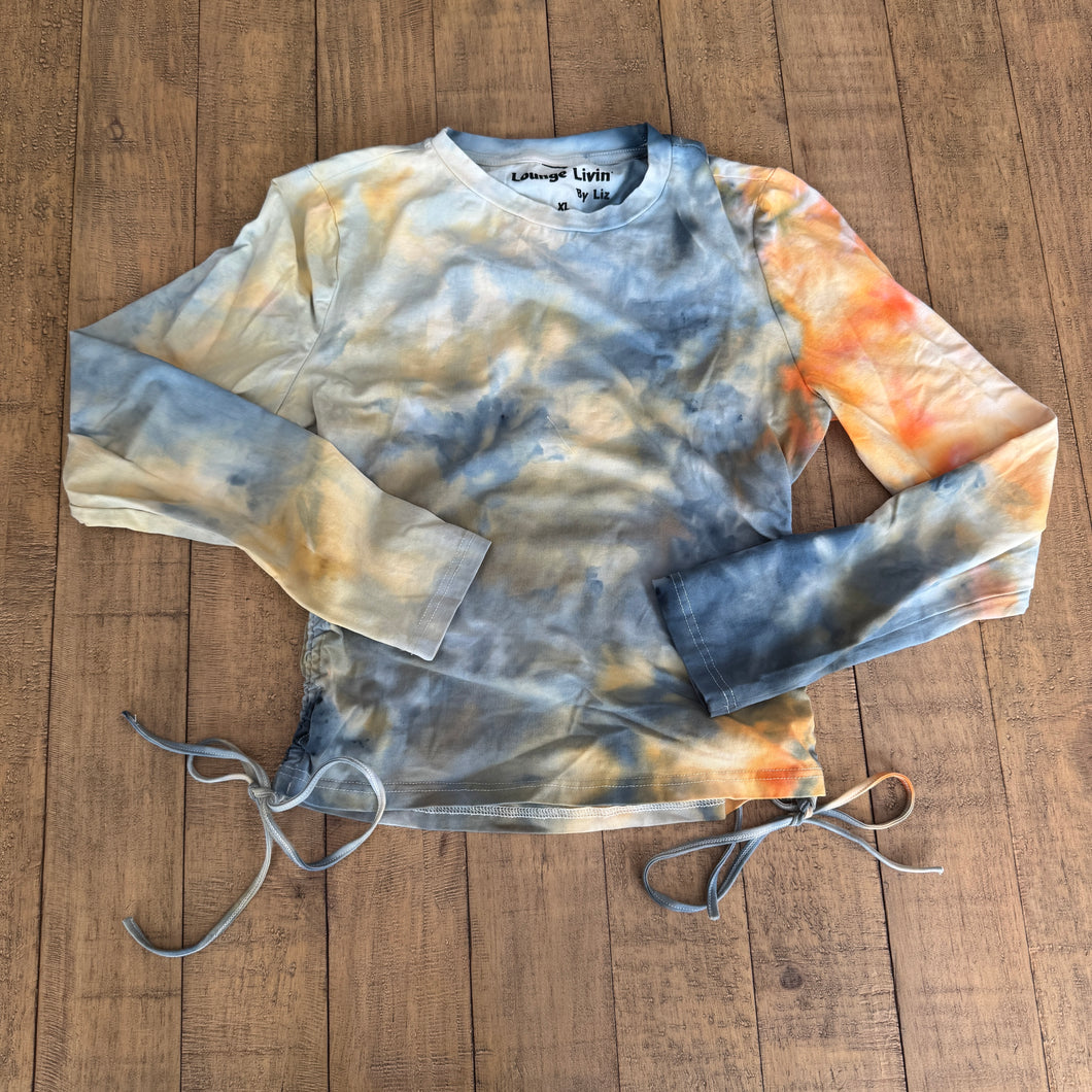 Long Sleeve Drawstring Ruched Side Orange & Navy- X-Large